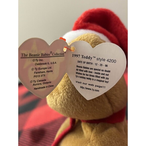 1997 Ty Holiday Teddy Bear 4200 Beanie Baby 9" Brown Christmas Plush Toy - Picture 5 of 8